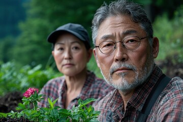 Fototapeta premium senior asian couple gardening in nature