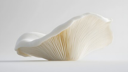 12. **A 3D render of a falling slice of mushroom, its white cap and gills contrasted with a clean white surface