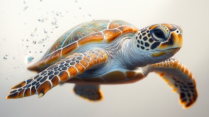A sea turtle swimming gracefully, with detailed shell patterns, on a white background.