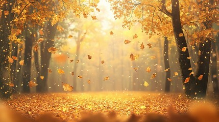 Fototapeta premium Golden Autumn Leaves Falling in a Forest