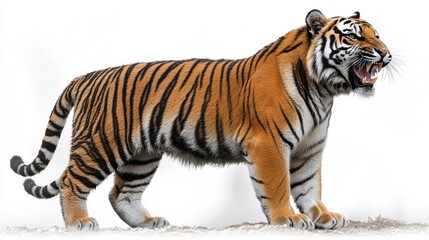 Fototapeta premium A side profile of a tiger roaring, with detailed fur and stripes, on a white background.