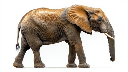 Fototapeta premium A side profile of an elephant with its trunk raised, isolated on a white background.