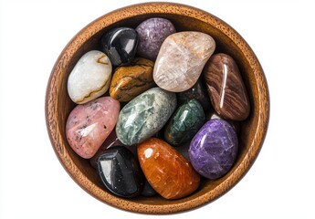 Assortment of colorful natural gemstones in a wooden bowl