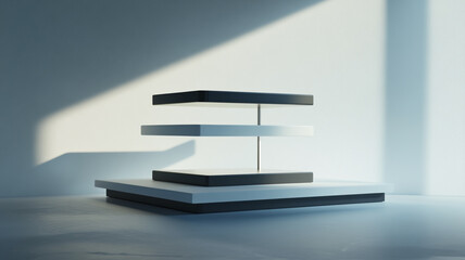Modern minimalist display stand in soft natural light highlighting geometric design elements