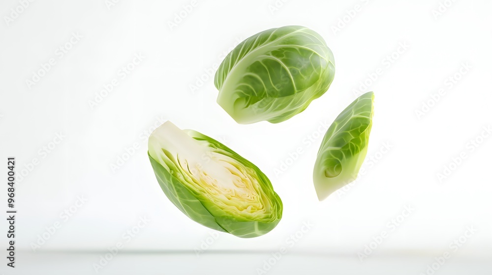 Poster 16. **a 3d render of a falling slice of brussels sprout, its green texture and compact shape visible