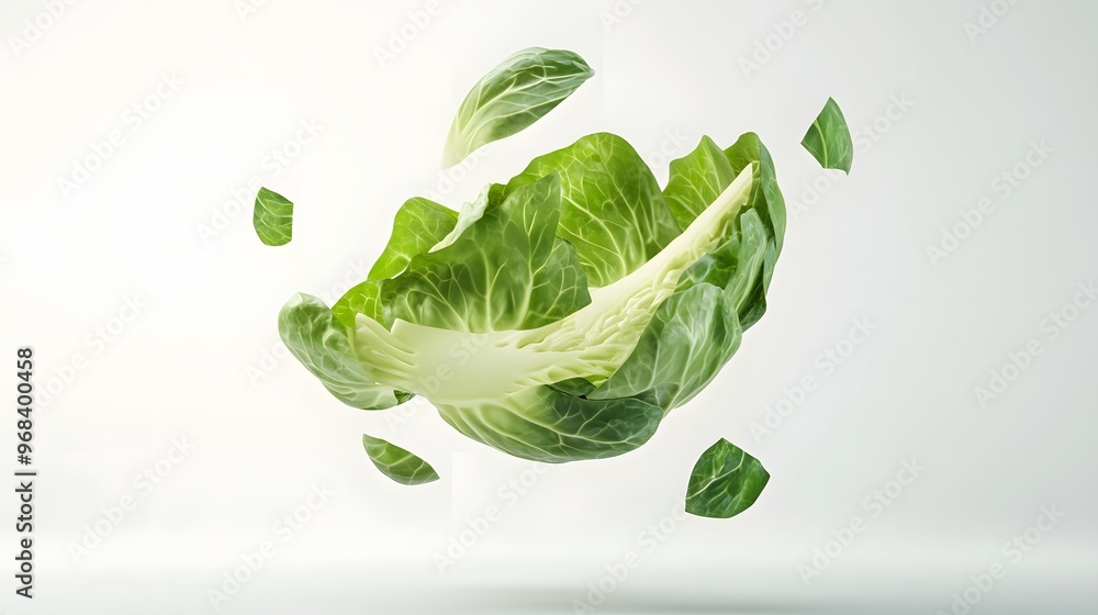 Poster 16. **a 3d render of a falling slice of brussels sprout, its green texture and compact shape visible