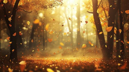 Golden Leaves Falling in a Sunlit Autumn Forest