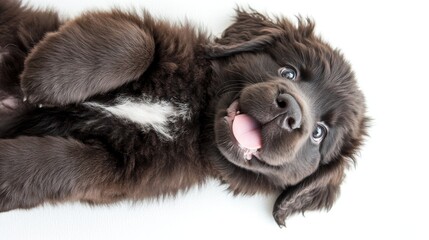 Playful Newfoundland Puppy Relaxing on Back with Tongue Out, Goofy Expression, Top View on White Background