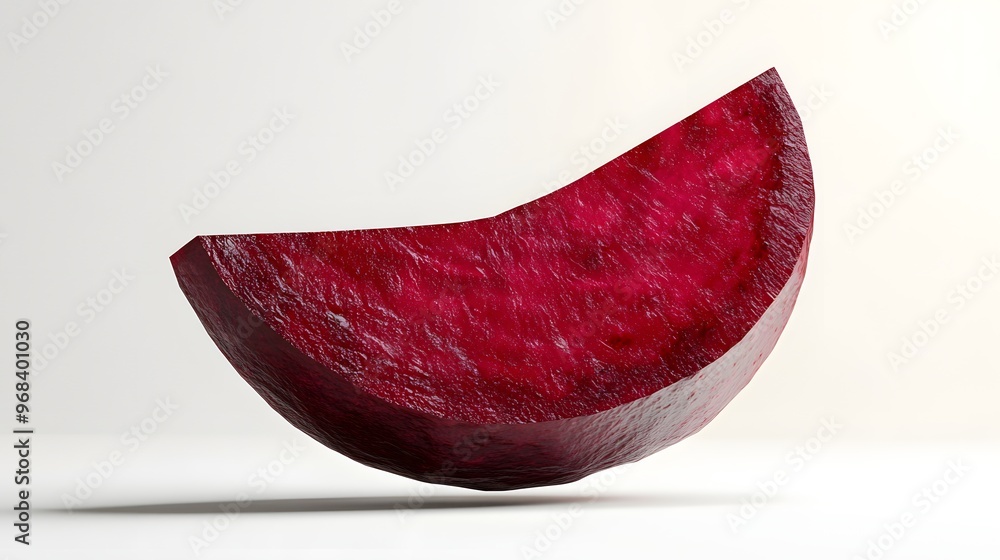 Poster 19. **a 3d render of a falling slice of beetroot, its deep red color and smooth texture set against 