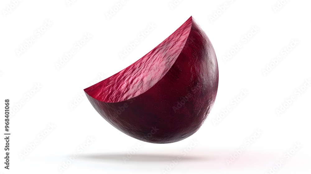 Poster 19. **a 3d render of a falling slice of beetroot, its deep red color and smooth texture set against 