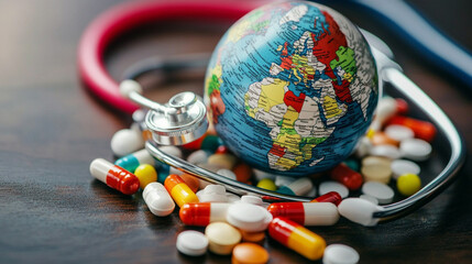 A globe with a stethoscope wrapped around it, with capsules and pill bottles scattered across