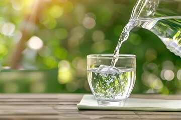 Pouring water from bottle into glass on wooden table on nature background