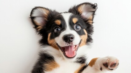 Cute Australian Shepherd Puppy Playfully Relaxing Top-Down View on White Background