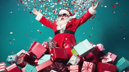 Santa throwing presents in the air, spreading Christmas cheer