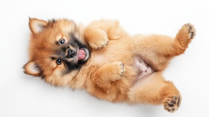 Fototapeta premium Adorable Chow Chow Puppy with Funny Expression Lying on Back | Sweet Pet Portrait with Tongue Out on White Background