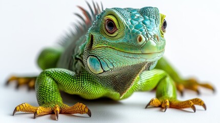Obraz premium A young iguana with vibrant green scales, isolated on a white background.
