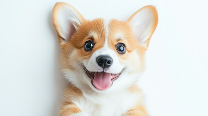 Playful Corgi Puppy with Big Eyes and Tongue Out, Lying Belly Up, Making Goofy Face on White Background from Above