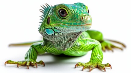 Obraz premium A young iguana with vibrant green scales, isolated on a white background.