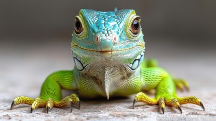 Fototapeta premium A young iguana with vibrant green scales, isolated on a white background.