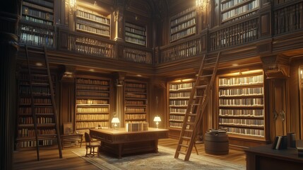 A grand library with wooden shelves filled with books, illuminated by soft lights in a serene and elegant environment