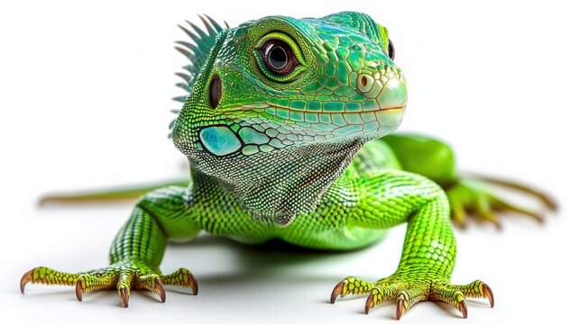 A young iguana with vibrant green scales, isolated on a white background.