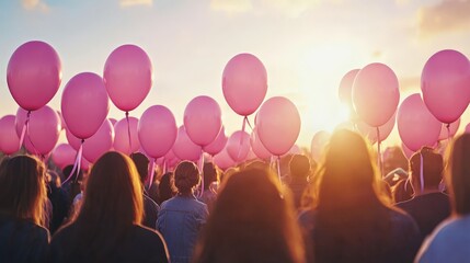 Pink balloons rising over a crowd of people