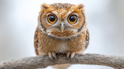 Naklejka premium A young owl with large, expressive eyes, perched on a branch against a white background.