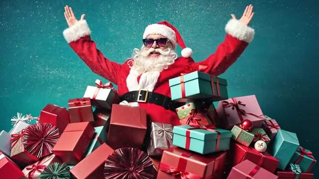 Santa Claus enthusiastically celebrating Christmas with a large pile of gifts