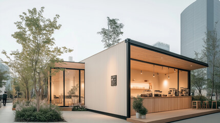 Fototapeta premium This container coffee and milk tea shop uses an off-white color scheme, paired with modern industrial design, creating a minimalist yet distinctive exterior.