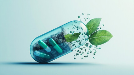 A large capsule pill split in half, with healthy leaves and medical symbols coming out1