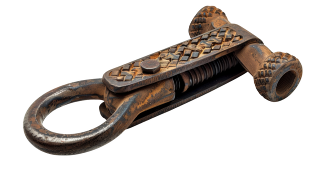 Rusty metal hook with spring and loop isolated transparent background