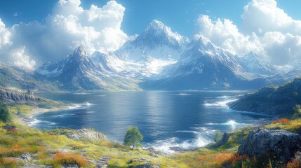 Serene mountain landscape with a tranquil lake and vibrant flora.