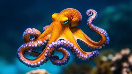 Obraz premium Blueringed octopus floating in shallow, clear water, its glowing blue rings pulsing against its yellow skin, BlueRinged Octopus, deadly sea creature