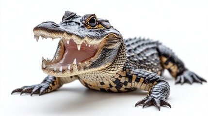 Fototapeta premium Alligator lying still with its mouth open on a white background, ready to snap
