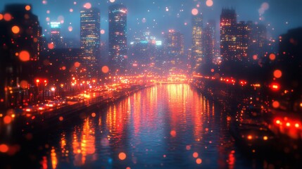 Fototapeta premium Cityscape with a River Reflecting Lights at Night