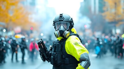 Naklejka premium Police Officer Holding Tear Gas Launcher During Crowd Control Drill