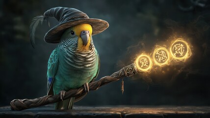 A whimsical parakeet with a wizard hat conjures magic with a glowing staff, surrounded by an enchanting ambiance.