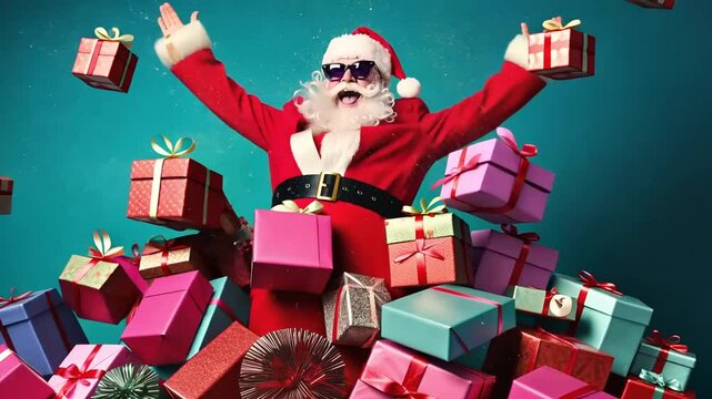 Santa Claus sitting with a pile of colorful presents during a festive celebration