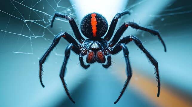Redback Spider suspended on its web in a dimly lit corner, its red stripe glowing in the shadows, Redback Spider, dangerous Australian spider