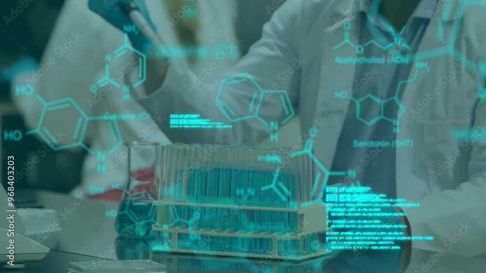 Poster animation of data processing and chemical formula over caucasian scientists working in lab