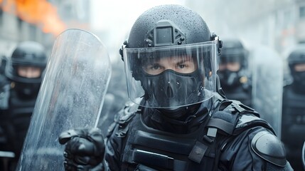 Fototapeta premium Riot Police in Tactical Formation Holding Batons and Shields During Simulated Protest Scenario