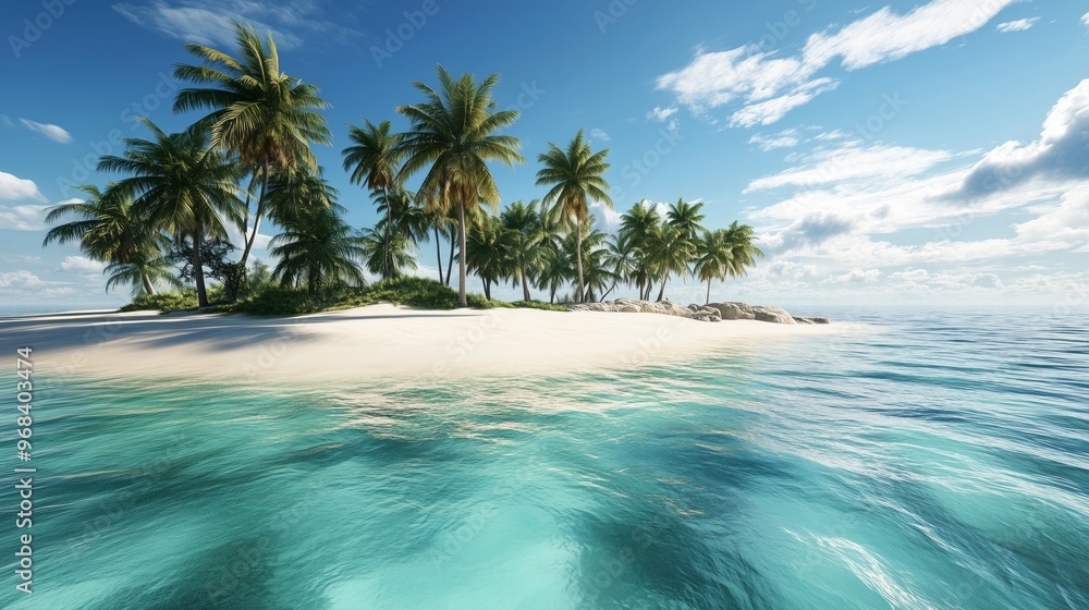 Poster A serene tropical beach with clear turquoise waters and swaying palm trees under a blue sky on a sunny day