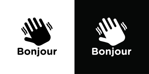 Bonjour text with hand wave icon Thin line flat illustration © Petsscouts