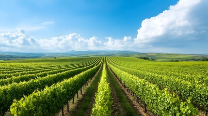 Serene Vineyard Landscape with Rows of Grapevines Under Blue Sky