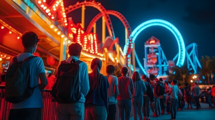 Fototapeta premium Silhouetted Figures Waiting in Line for the Roller Coaster Under Warm Illumination