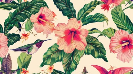 Vibrant Tropical Blooms and Hummingbirds on a White Background