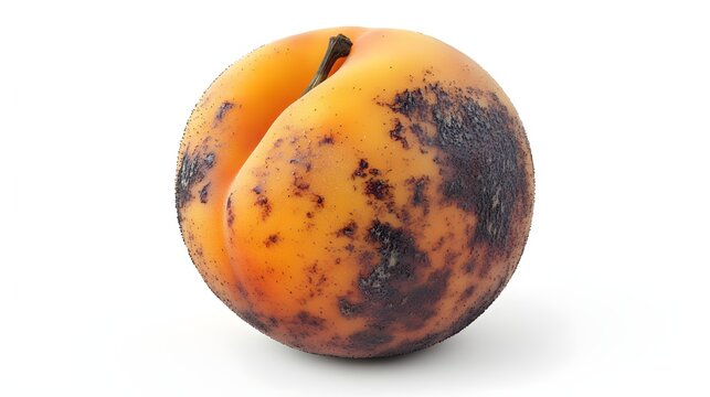 42. **A 3D render of a spoiled apricot, with dark spots and a wrinkled texture, isolated on a clean white background