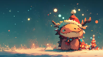 Cute Christmas Dragon wearing Santa Hat with Reindeer Antlers