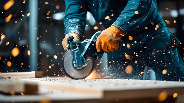 Skilled Carpenter Expertly Operates Circular Saw Cutting Wood with Sawdust Flying During Construction Project