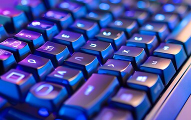 Close up of a computer keyboard with blue and red lights - shallow depth of field
